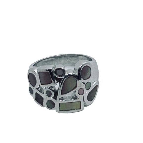 Silver Tone With Inlaid Abalone Shell Statement Ring Signed Thailand (R370) - Picture 5 of 7